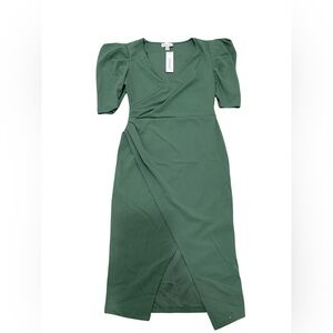 Topshop Green Puff Sleeve Wrap Midi Dress Women’s Size 8 NWT
